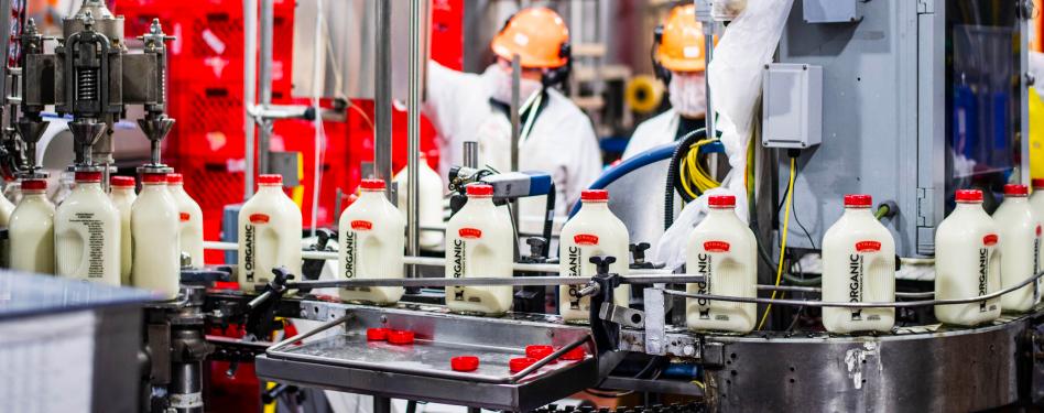 a row of milk bottles on a conveyor belt